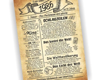 40th birthday, 40 years birthday certificate, certificate, gift, 1986, personalized