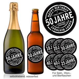 Aufkleber Sekt- Bier- Weinflasche Geburtstag 18 20 25 30 40 50 60 Rund Schwarz selbstklebend matt wischfest Geschenk Spruch Lebende Legende