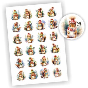 Adventskalender Zahlen, 24 Aufkleber, Eichhörnchen, Etikett 4cm, Weihnachten, Etiketten, Advent, selbstklebend, Zahlen 1-24, Sticker, Deko