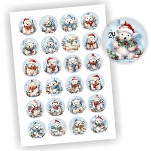 24 Aufkleber, Eisbär Adventskalender, Etikett 4cm, Weihnachten, Etiketten, Advent, selbstklebend, Zahlen 1-24, Sticker, Dekoration