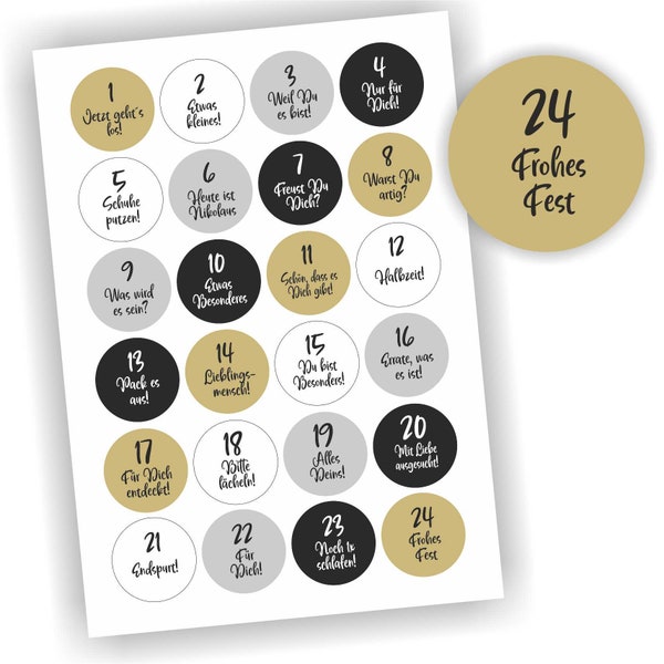 24 Aufkleber, Adventskalender, Etikett 4cm, Weihnachten, Etiketten, Advent, selbstklebend, Zahlen, Sticker, Gold, Silber, Deko