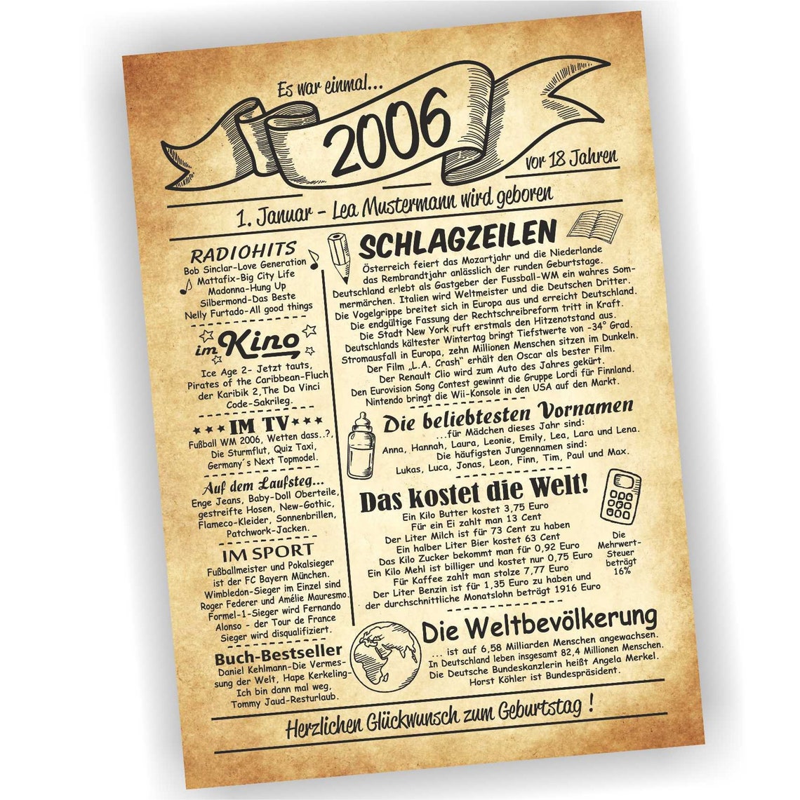 18. Geburtstag, 18 Jahre Geburtstagsurkunde, Urkunde, Geschenk, 2006