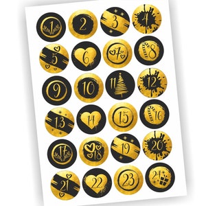 24 Aufkleber, Adventskalender, Etikett 4cm, Weihnachten, Etiketten, Advent, selbstklebend, Zahlen, Sticker, Gold, Dekoration