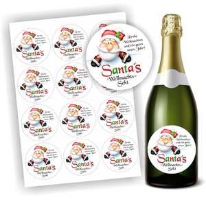 12 Aufkleber, Santas Weihnachtssekt für Piccolo Flaschen, Weihnachtsmann, Etikett 6,6cm, Weihnachten, Etiketten, selbstklebend, Sekt,Sticker