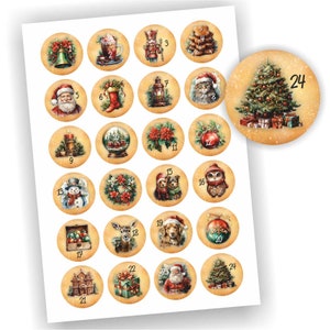 24 Aufkleber, Vintage Christmas, Adventskalender, Etikett 4cm, Weihnachten, Etiketten, Advent, selbstklebend, Zahlen 1-24, Sticker, Deko