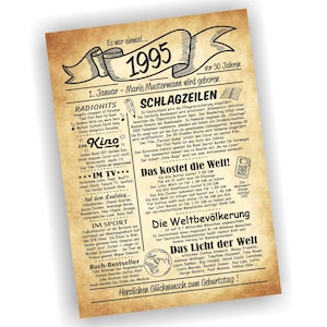 30. Geburtstag, 30 Jahre Geburtstagsurkunde, Urkunde, Geschenk, 1995, personalisiert