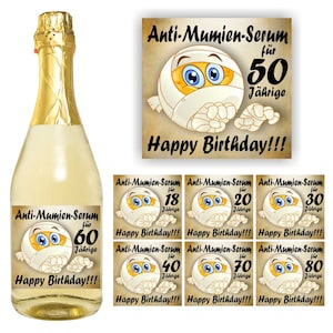 Aufkleber Sektflasche, Geburtstag 18 20 30 40 50 60 70 80, Flaschenetikett, Etikett, Lustig, selbstklebend, glänzend, wischfest, Geschenk