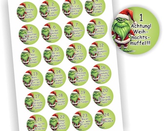 Advent calendar numbers, 24 stickers, Christmas Grinch, Anti, 4 cm Christmas labels, self-adhesive, numbers 1-24, decoration with sayings