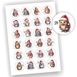 24 Aufkleber, Igel Adventskalender, Etikett 4cm, Weihnachten, Etiketten, Advent, selbstklebend, Zahlen 1-24, Sticker, Dekoration
