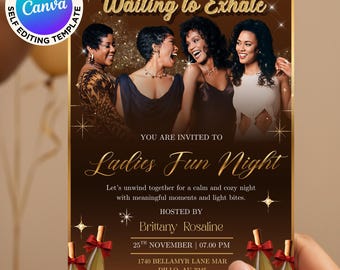 Warten auf die Exhale Pyjama-Party-Einladung, bearbeitbare Pyjama-Party-Vorlage, Ladies Night Digital Invite