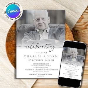 Könnte beinhalten: Eine Gedenkeinladung mit einem Schwarz-Weiß-Foto eines älteren Mannes. Der Text lautet "Celebrating the life of Charles Addam" mit Datums- und Zeitangaben. Ein Smartphone zeigt das gleiche Design.