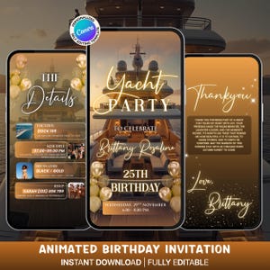 Black Gold Yacht Birthday Video Invitation | Editable Animated Boat Party Evite | Luxury Bday Template