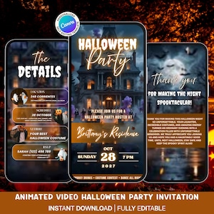 Halloween Party Animated Invitation, Spooky Costume Party Video Evite, Editable Canva Digital Template