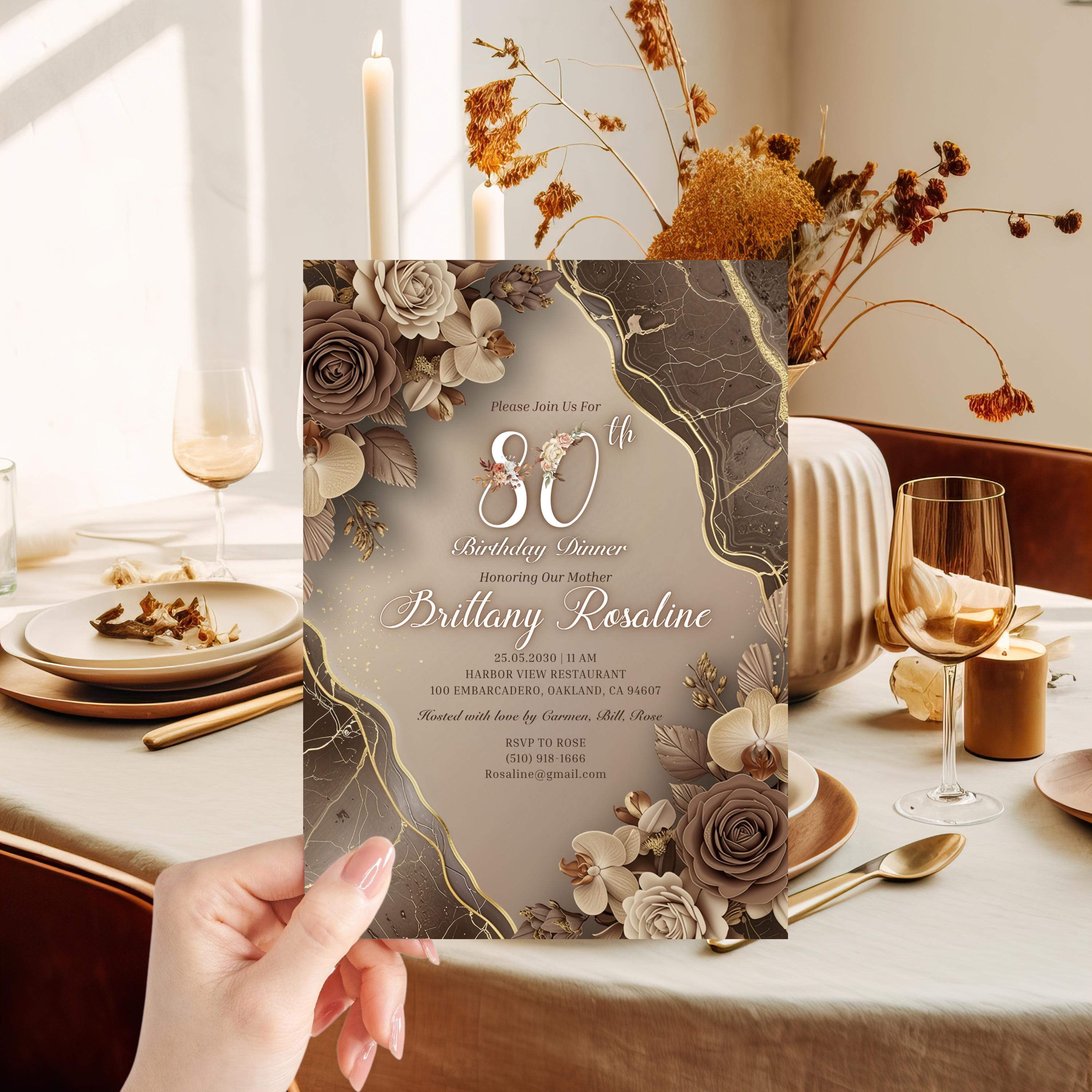 Melanin Floral 80th Birthday Dinner Invitation, Editable Canva