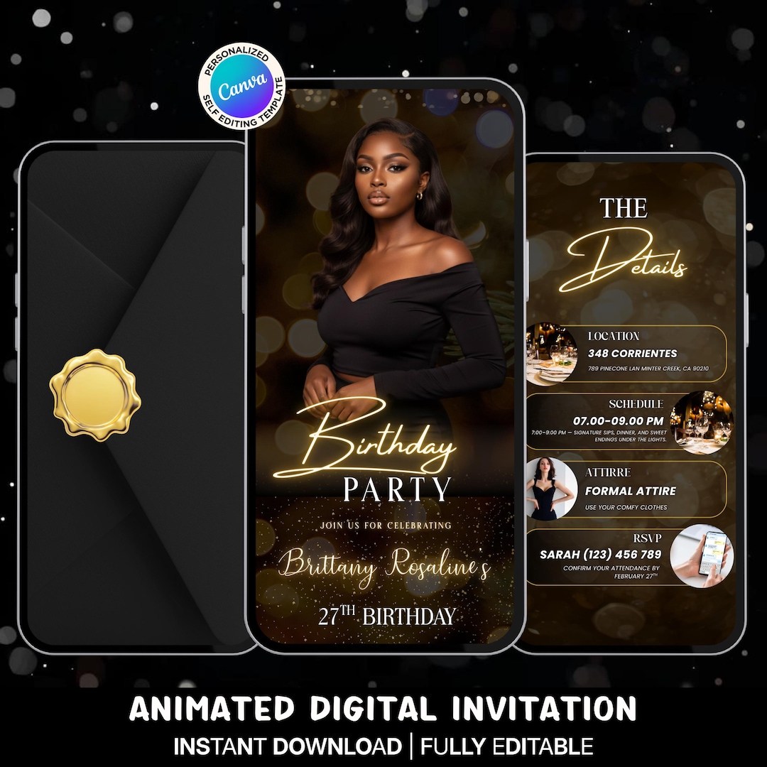 Luxury Black & Gold Birthday Invitation Video, Animated Dinner Party ...