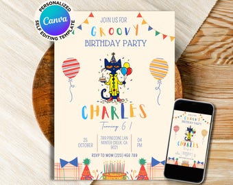 Plantilla de invitación de cumpleaños de Pete el Gato, editable e imprimible. Invitación para fiesta de cumpleaños para niño o niña. Descarga digital.