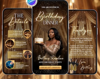 Luxury Gold Birthday Dinner Invitation, Elegant Digital Dinner Evite for Women, Editable Canva Template