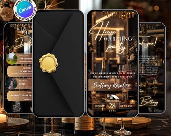 May include: Animated housewarming invitation displayed on a smartphone. The design features a black envelope with a gold seal, and other screens with event details. The invitation includes text such as "House Warming Party" and "Instant Download | Fully Editable."
