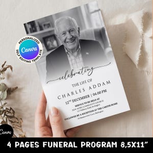 Könnte beinhalten: Eine 21,6x27,9 cm große Vorlage für ein Trauerprogramm mit einem schwarz-weißen Porträt eines älteren Mannes. Der Text lautet: celebrating THE LIFE OF CHARLES ADDAM 12TH DECEMBER | 04.00 PM SERVICE TO BE HELD AT NEW HOPE COMMUNITY CHURCH.
