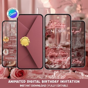 May include: A digital birthday invitation design featuring a mauve envelope with a gold seal, and three smartphone screens displaying event details. The screens show text, including "Birthday Brunch" and "27th Birthday". The background includes roses.