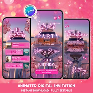 Invitación de cumpleaños en vídeo con temática de yate rosa / Invitación electrónica animada editable para fiesta en barco / Plantilla de cumpleaños de lujo