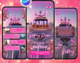 Invito video per compleanno a forma di yacht rosa / Invito animato modificabile per festa in barca / Modello di compleanno di lusso