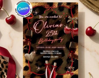 Cheetah Print Birthday Invitation, Leopard Coquette Bow Print Party Invite, Editable Canva Template