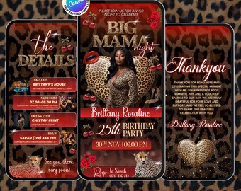Invitación de cumpleaños de Big Mama, con estampado de guepardo y cerezas, para una noche de chicas, plantilla digital editable de Canva.