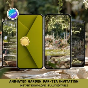 Invito di compleanno a tema tea party stravagante, invito digitale animato per festa in giardino, modello Canva modificabile.