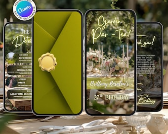 Whimsical Tea Party Birthday Invitation, Animated Garden Party Digital Evite, Editable Canva Template
