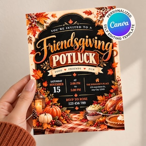May include: A Friendsgiving potluck invitation card featuring autumn leaves, pumpkins, a lantern, and a feast. Text includes: You're invited to a Friendsgiving Potluck, Food Friends Fun, Saturday November 15, 2:00 PM to 5:00 PM, The Rosaline's Place, and RSVP to Rose 123 456 789.