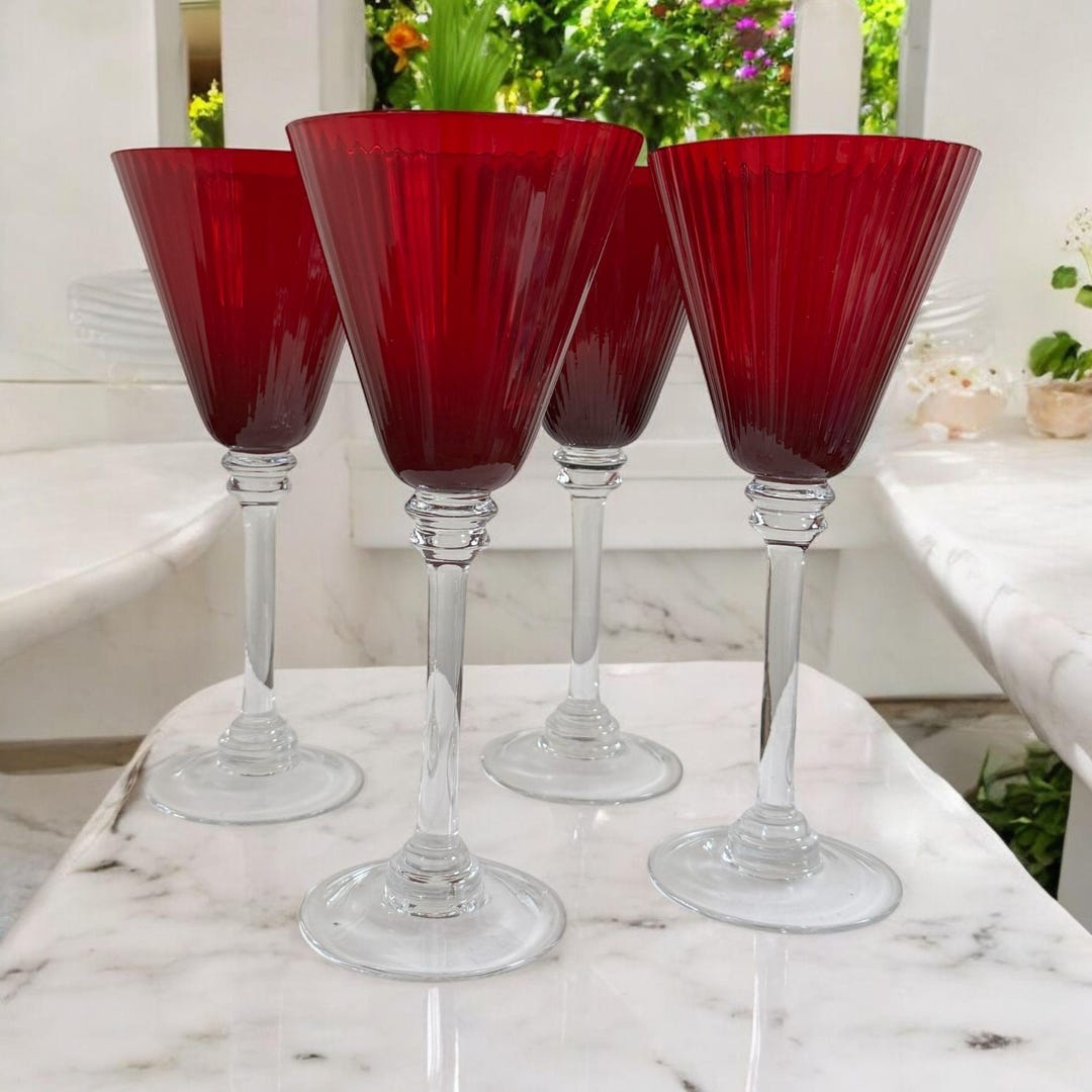 Elegant Fluted and Ribbed Ruby Red Wine Glasses With Clear Stems, Set ...