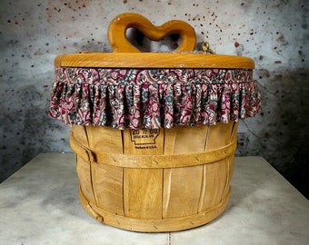 Vintage Wood Sewing Basket Fabric Accent Heart Shaped Handle