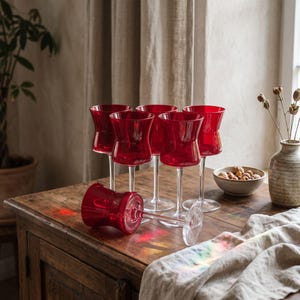 Vintage Ruby Red Water Goblets Clear Stem Hourglass Wine Glasses Set of 6