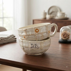 May include: A cream-coloured ceramic mug with a handle, featuring a textured design that mimics the appearance of denim fabric with stitched details and copper-coloured rivets. The side displays a rectangular patch with the black text D.B. 1982.