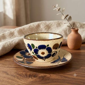 May include: A ceramic bowl and matching saucer set featuring a speckled cream glaze with hand-painted dark blue floral motifs and brown accents. The bowl has a rounded shape and the saucer has a wide rim, both decorated with consistent floral patterns.