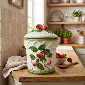 May include: A ceramic canister with a lid, featuring a white basket-weave texture and a green rim. The exterior is decorated with raised, three-dimensional red strawberries and green leaves. The lid is topped with two sculpted strawberries.