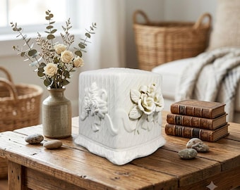 Vintage Lefton Style White Ceramic Tissue Box Cover Applied Roses Lattice Square
