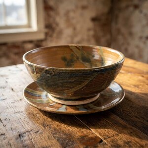 Könnte beinhalten: Ein Keramikschalen-Set mit passender Untertasse, das eine variierende Glasur in Bernstein-, Braun- und gedämpften Blautönen aufweist. Die Schale hat einen breiten, abgerundeten Rand und einen verjüngten Boden, während die Untertasse ein wirbelndes Muster zeigt.