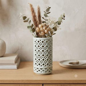 Vintage Chinese Celadon Openwork Ceramic Vase Reticulated Pierced Brush Pot Signed