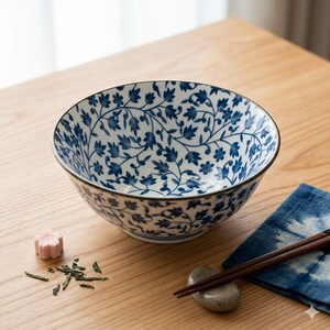 Japanese Arita Blue and White Hana Karakusa Porcelain Soup Bowl