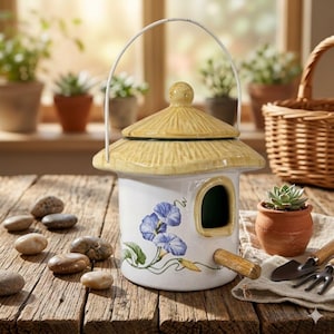 Könnte beinhalten: Ein weißes Vogelhaus aus Keramik mit einem gelben, strukturierten, konischen Dach und einem Metallgriff. Der Körper zeigt ein gemaltes Design aus blauen Prunkwinden, ein einzelnes bogenförmiges Eingangsloch und eine kleine Holzstange.
