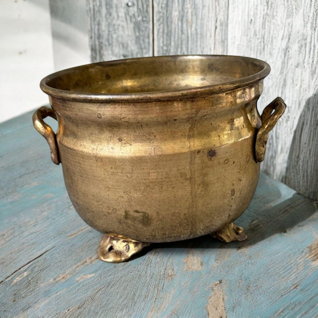 Vintage Brass Cauldron Pot, Rustic Plant Pot Holder With Legs