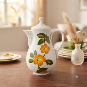 Vintage Tirschenreuth Bavaria Coffee Pot Orange Flower Leaf Porcelain Teapot