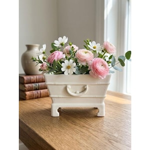 Vintage White Ceramic Faux Bamboo Footed Planter Cachepot Jardiniere Handle 6933