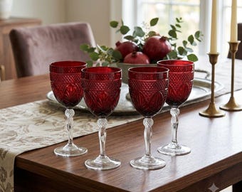 Juego de 4 copas de cristal transparente talladas en rubí estilo vintage con tallo transparente de 21 cm (8,25 pulgadas)