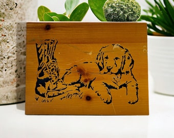 Skillfully Art Carved Wood Golden Retriever Puppy 9" H - 12" L