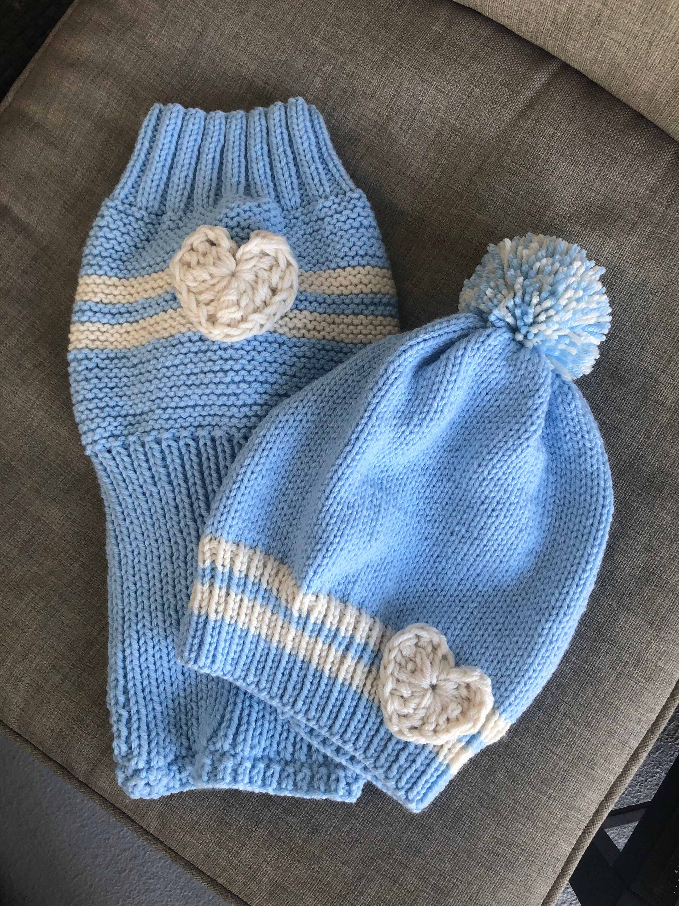 Knit Heart Dog Sweater & Matching Adult Hat, Light Blue Acrylic