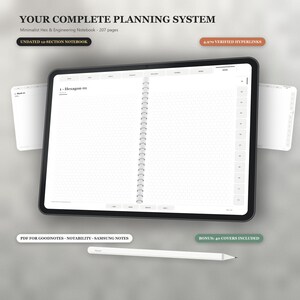 May include: A digital tablet displaying a 12-section undated notebook with a hexagon grid layout. The screen shows 4,970 verified hyperlinks, 207 pages, and a white stylus below. Text includes YOUR COMPLETE PLANNING SYSTEM and PDF FOR GOODNOTES.