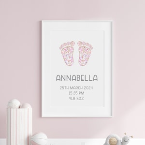 Personalised Cute Foot Prints Nursery Wall Art ,Nursery Prints, Birth and Weight Details, New Baby Gift, Baby Keepsake - UNFRAMED